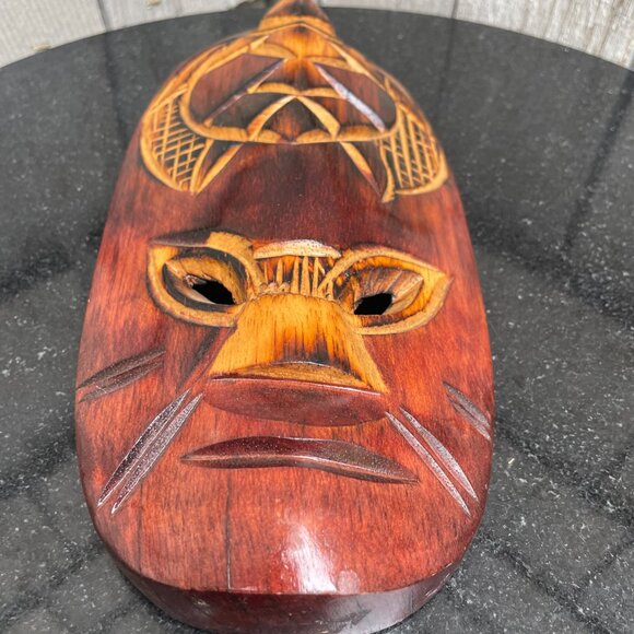 Fijian Tiki Vtg Wooden Tribal Mask Lot of 2 Hand Carved Wall Art - Picture 11 of 12